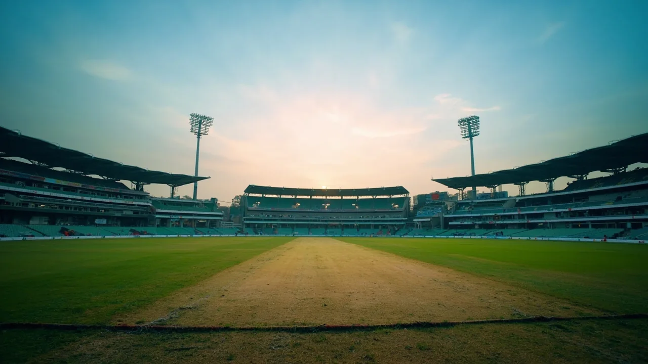An Indian Premier League stadium under bright daylight with players walking on the outfield