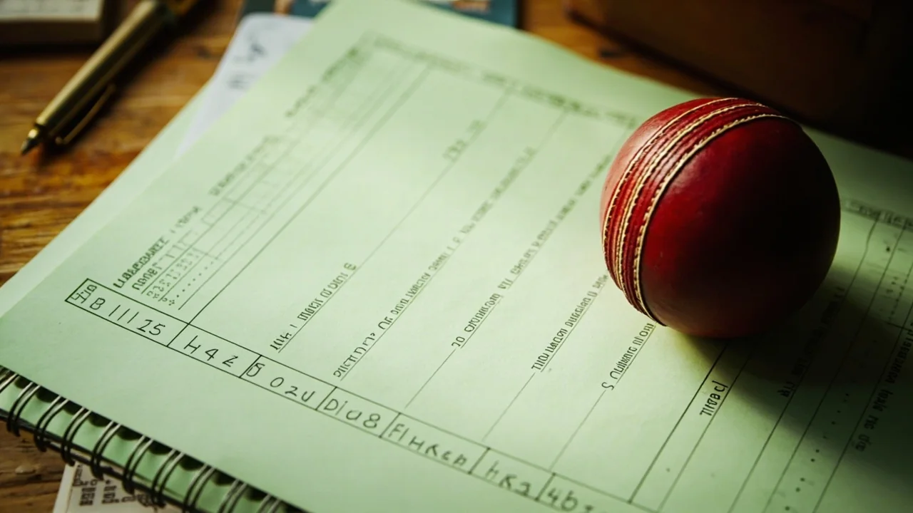 A scorebook page being marked with a fountain pen under soft daylight