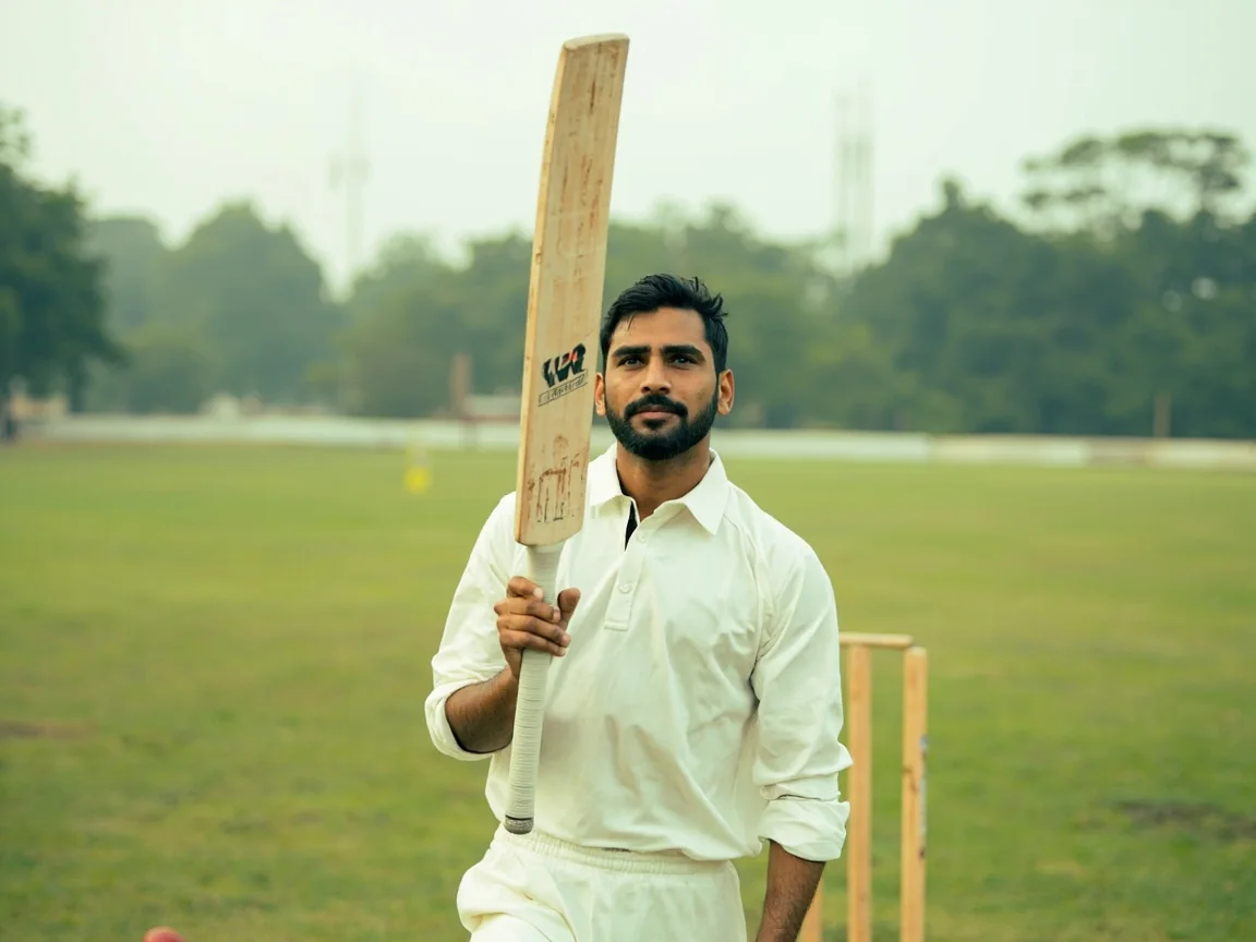 An Indian seam-bowling allrounder at the crease during a red-ball practice session under evening light