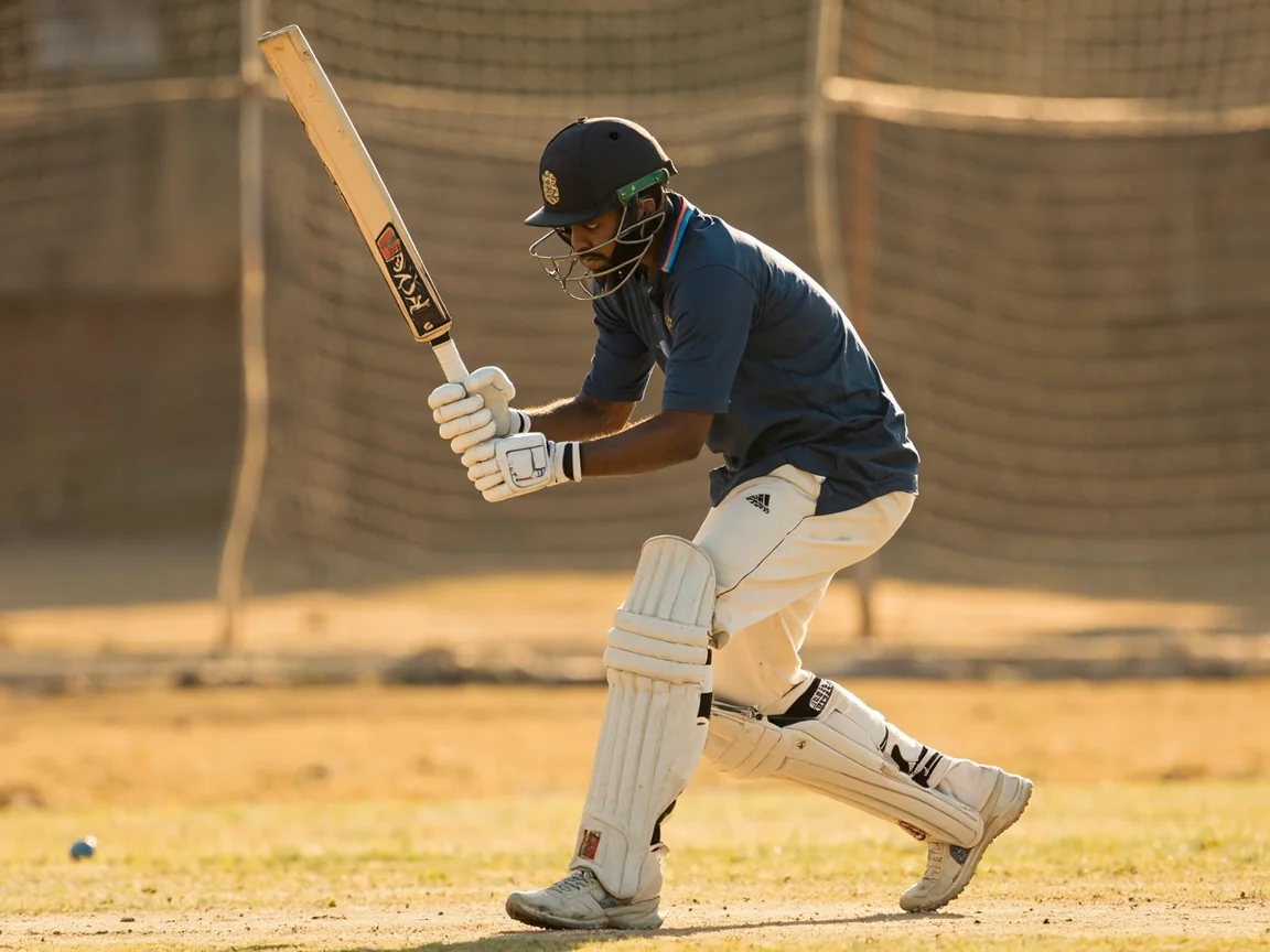An Indian top-order right-handed batter in mid-set stance on a sunlit practice pitch