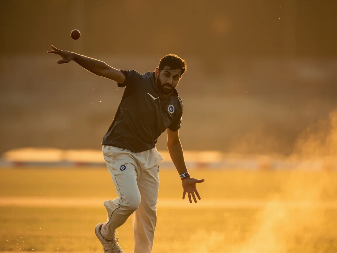 An Indian left-arm fast bowler mid-delivery stride on a green seamer under overcast skies