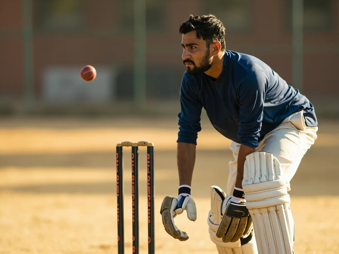 A wicketkeeper batter in practice pads squatting behind the stumps during a nets session