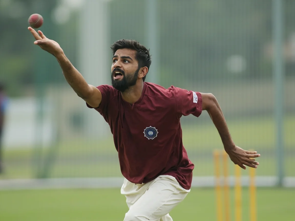 A finger-spinner releasing the ball during a practice session with close-catchers in the background