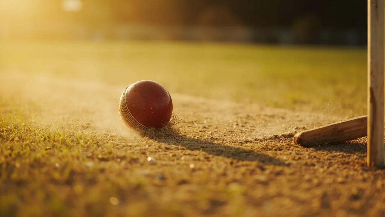 A close-up of a worn Test-match pitch showing dry grass and visible pitch marks at the bowler's end