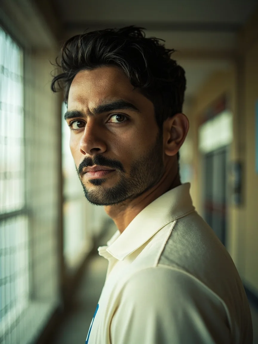 Framed portrait of an Indian first-class cricketer looking off-camera in a quiet indoor net hallway