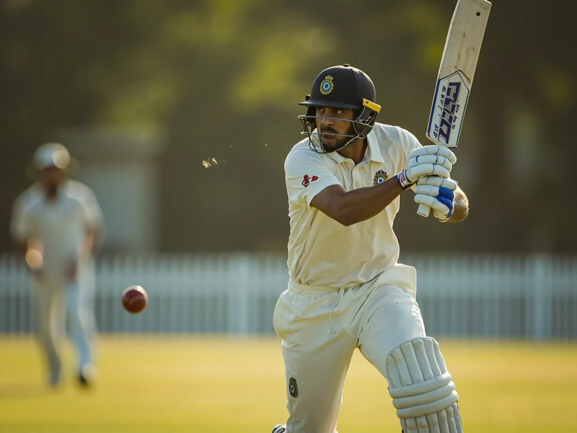 A T20 batter driving through the off-side during a sunny match
