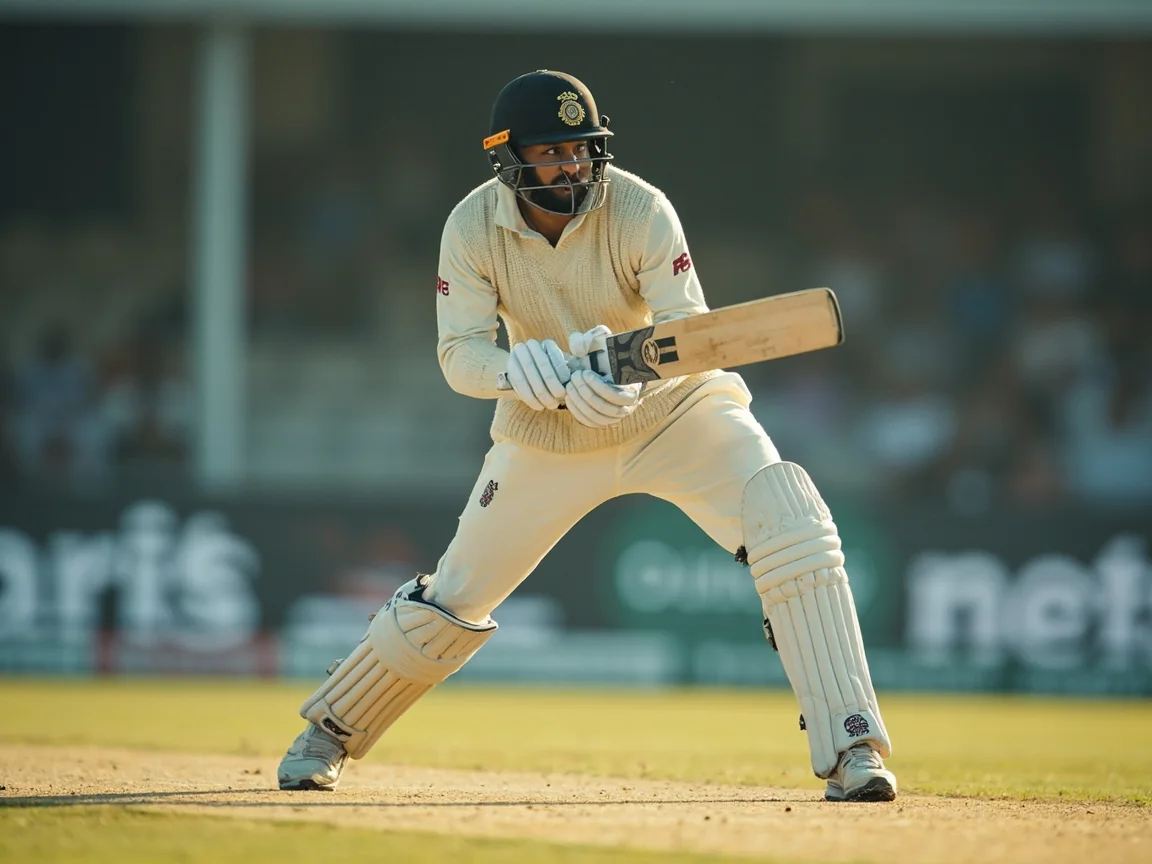 A Test-match batter in pads playing a defensive shot during a red-ball session