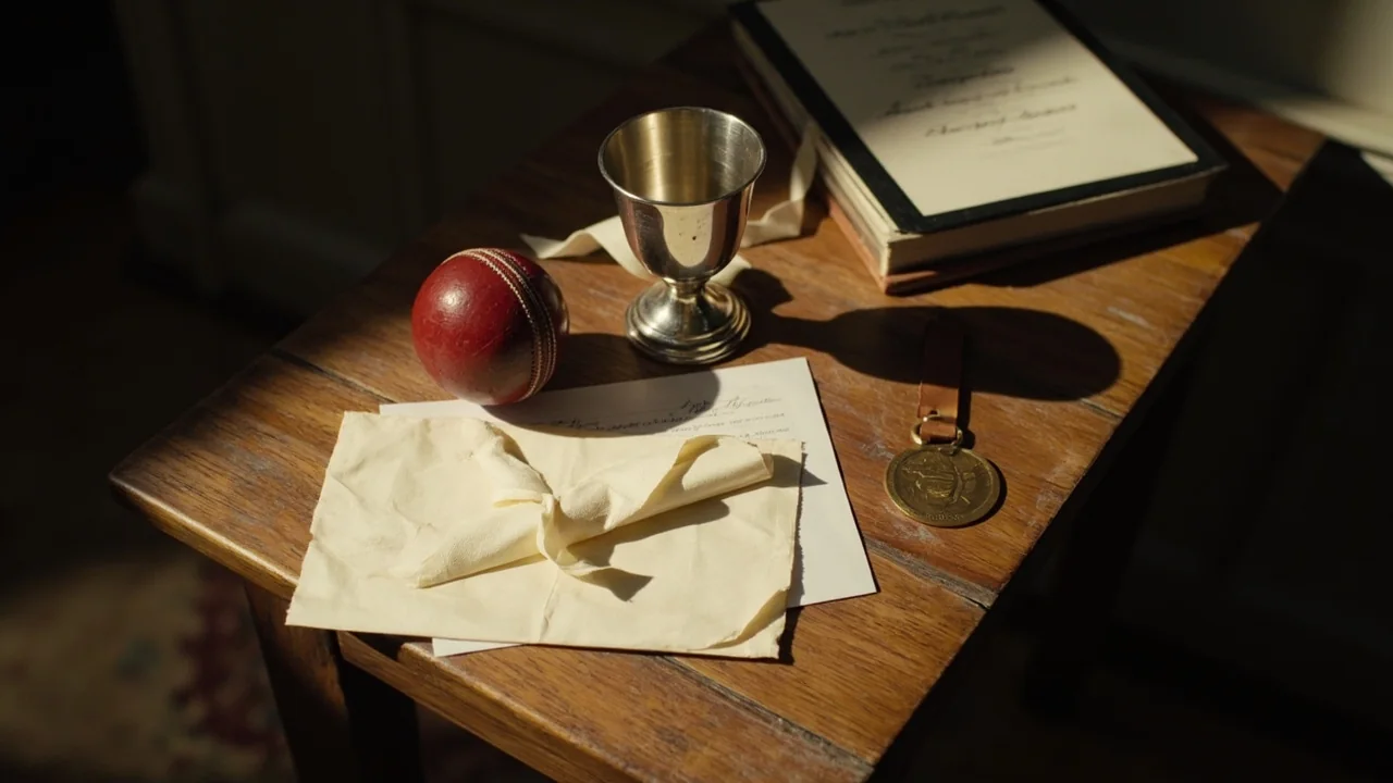 A small trophy on a wooden desk with a ribbon beside it under soft daylight