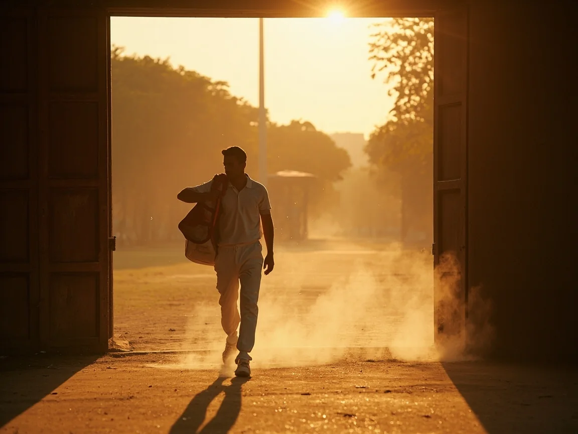 An Indian domestic match with the bowler mid-stride under bright sunlight