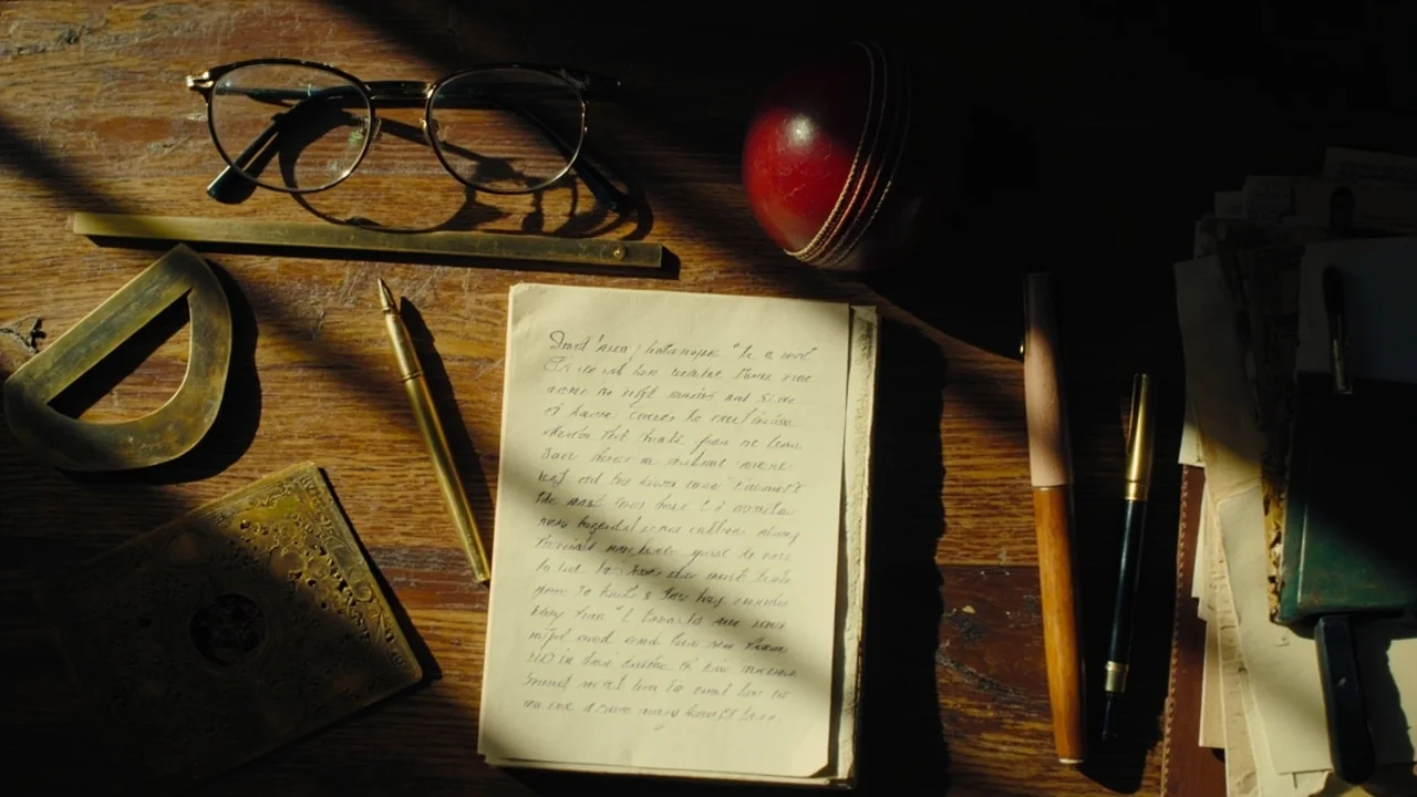 A close-up of a vintage scorebook page being marked with a fountain pen under soft daylight