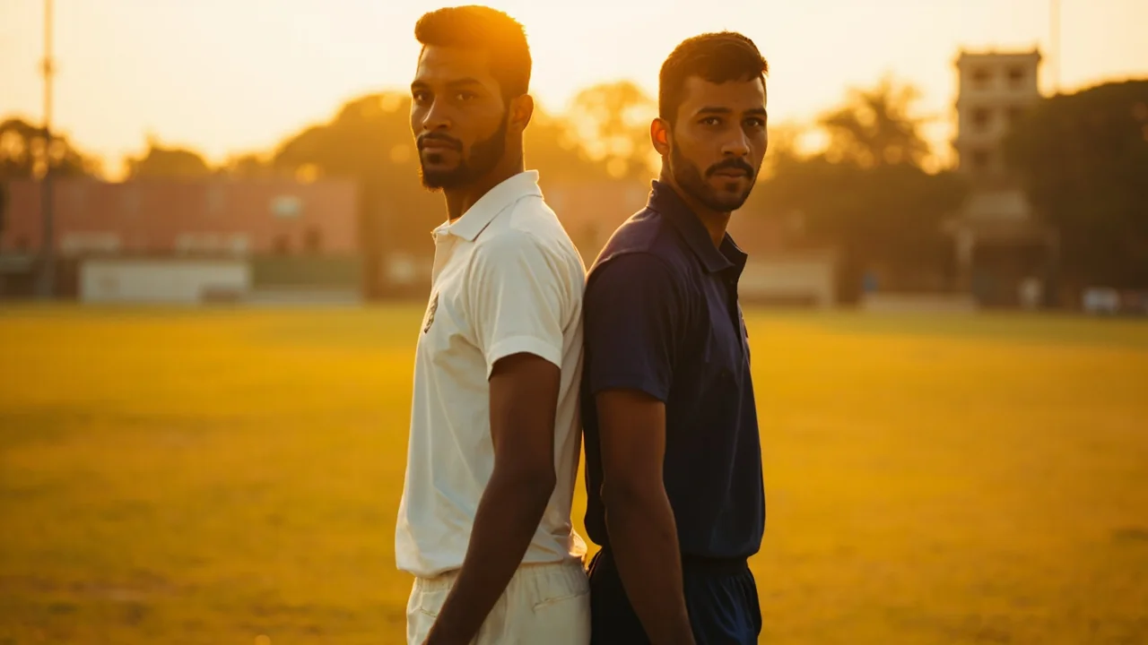 Two friends looking at a smartphone together under afternoon light, with a referral confirmation visible on screen