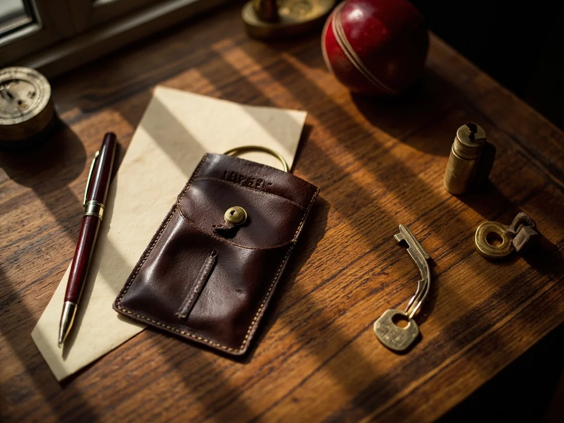 A close-up of a leather wallet and an Indian PAN card on a wooden desk under soft daylight